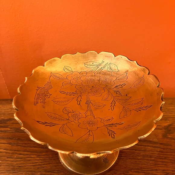 Vintage Etched Brass Bowl on Pedestal Stem - 1970's - Picture 4 of 15